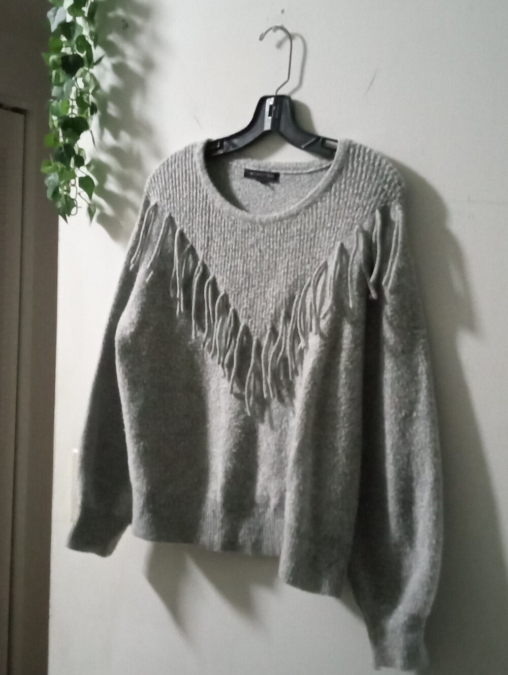 Adrienne Vittadini Gray Fringe Crewneck Sweater